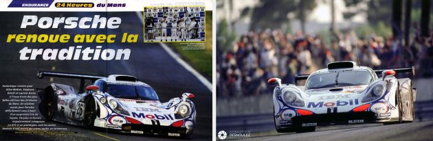 Reportage presse spécialisée magazine - 24 Heures du Mans 1998 - double page du magazine Auto Hebdo et Aiello - Ortelli - Mc Nish vainqueurs sur Porsche 911 GTR - Photos : © Sebastien Desnoulez